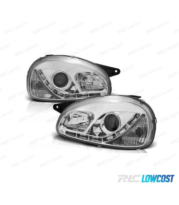 PHARES LED DAYLIGHT OPEL CORSA B 93-00 FOND CHROMÉ