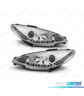 PHARES PEUGEOT 206 98-08 FEUX DE JOUR LED RÉELS FOND CHROME