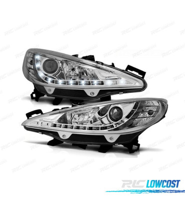 PHARES PEUGEOT 207 06-12 LUMIÈRE LED DIURNE FOND CHROME