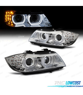PHARES XÉNON ANGEL EYES + LED CLIGNOTANT POUR BMW E90 E91 08-12 FOND CHROMÉ