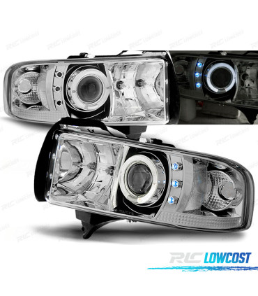 PHARES POUR DODGE RAM 94-01 LED ANGEL EYES CHROMÉ