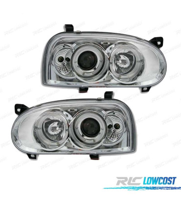 PHARES POUR VOLKSWAGEN VW GOLF 3 ANGEL EYES FOND CHROMÉ H1 H1